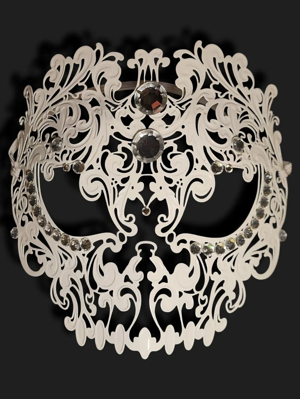 White Crystal Metal Skull Masquerade Mask Filigree ElasticStrap 9x7.5 Adjustable